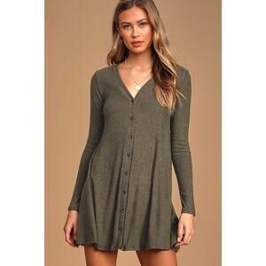 Lulus Sweet Comfort Heather Olive Green Button-front Sweater Dress - Size L